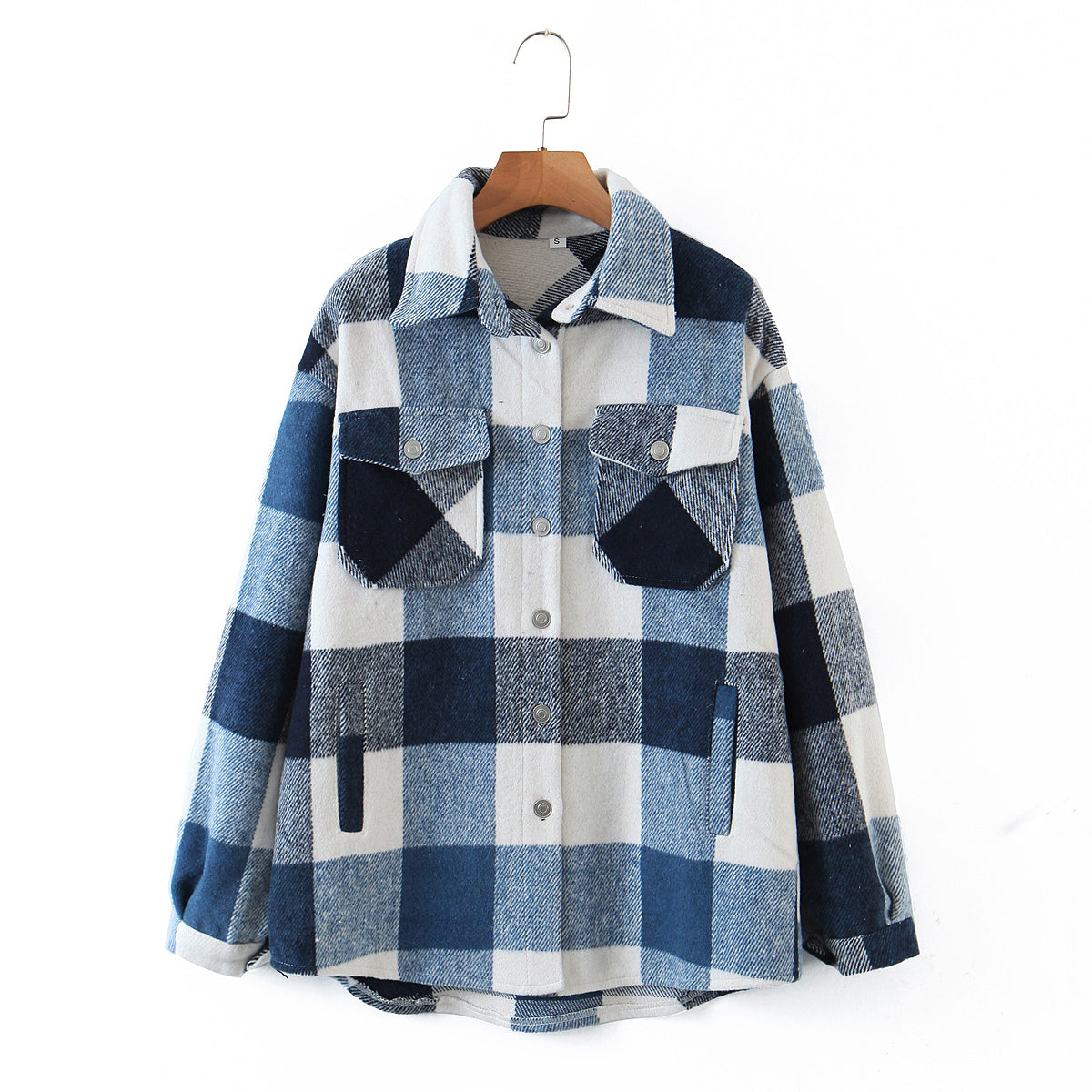 Autumn New Button Placket Woolen Plaid Shacket Long Sleeve Top