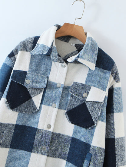 Autumn New Button Placket Woolen Plaid Shacket Long Sleeve Top