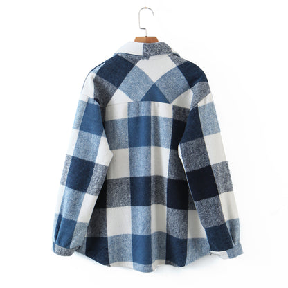 Autumn New Button Placket Woolen Plaid Shacket Long Sleeve Top