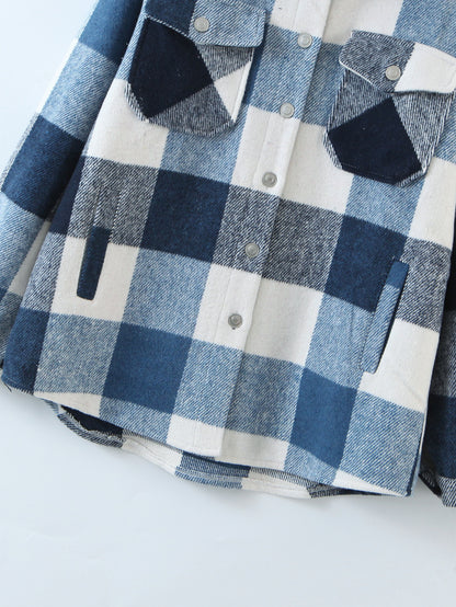 Autumn New Button Placket Woolen Plaid Shacket Long Sleeve Top