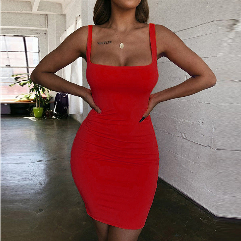 Candy Color Hip-Wrapped Sleeveless Strap Dress Women Dress
