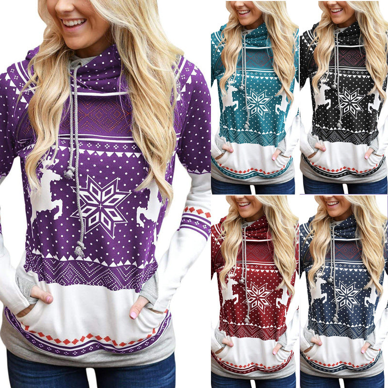 Autumn New    Christmas Printing Pocket Long Sleeve Hooded Casual Hoodie Women