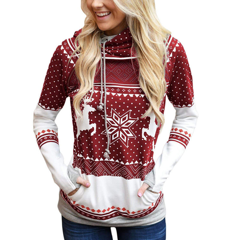 Autumn New    Christmas Printing Pocket Long Sleeve Hooded Casual Hoodie Women