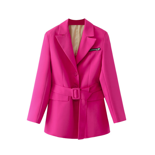 Women Clothing Diamond Office Lace-up Solid Color Blazer Collar Zipper Rose Red Blazer