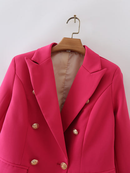 French Retro Spring Women Clothing Slimming Casual Candy Color Metal Buckle Blazer