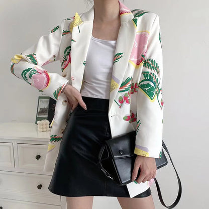 Autumn Fruit Printed Double Breasted Casual Blazer