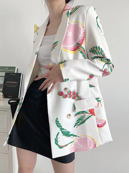 Autumn Fruit Printed Double Breasted Casual Blazer