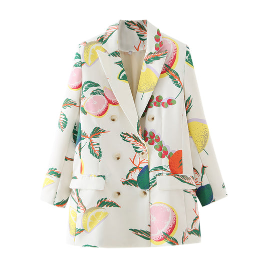 Autumn Fruit Printed Double Breasted Casual Blazer