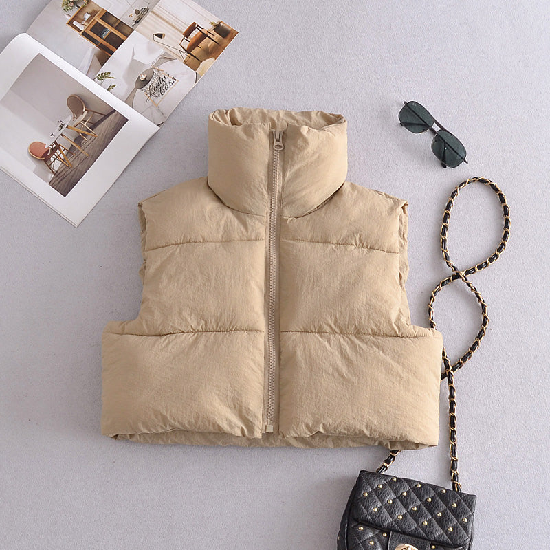 Fall Women Clothing High Collar Zipper Short Quilted Vest