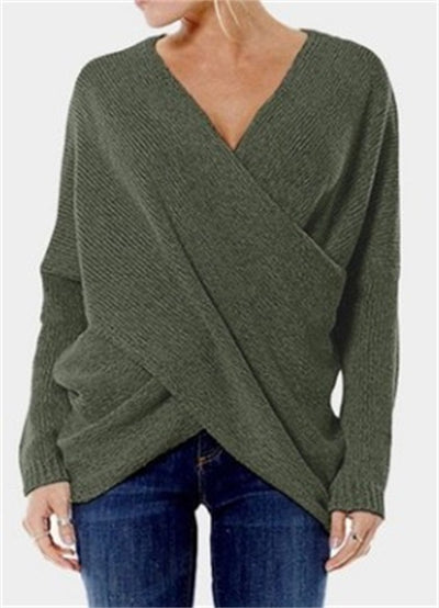 Autumn All Matching Solid Color Simple Warm Sexy V neck Criss Cross Criss Cross Long Sleeves Pullover Knitted Sweater Women