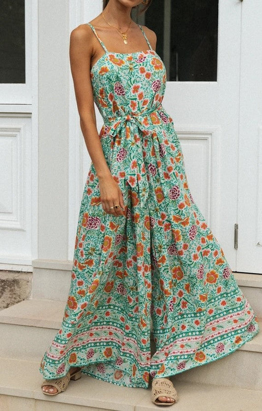 Summer Women Clothing Positioning Printed Belt Loose Wide-Leg Suspender Bohemian Jumpsuit