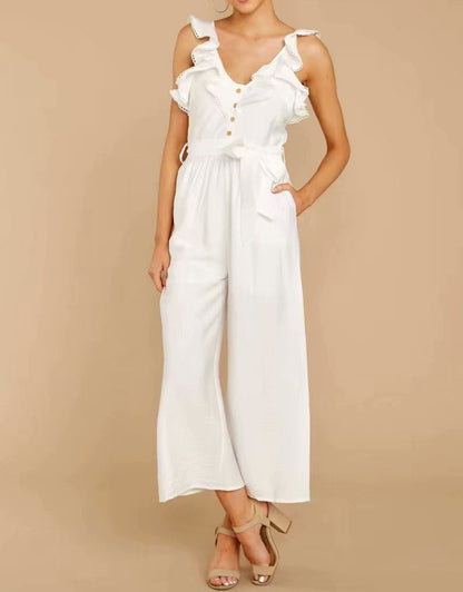 Spring Summer V-neck Sleeveless Fitted Waist Ruffled Front Row Buttons Drawstring Casual Jumpsuit