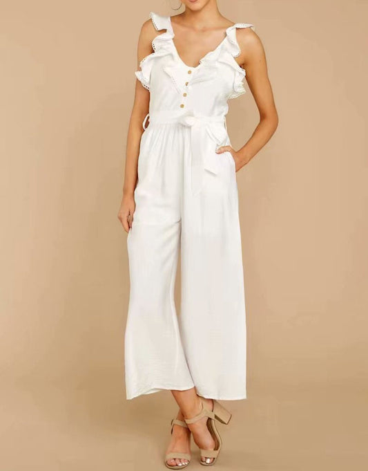 Spring Summer V-neck Sleeveless Fitted Waist Ruffled Front Row Buttons Drawstring Casual Jumpsuit