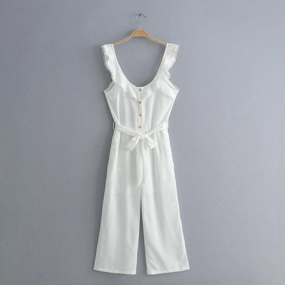 Spring Summer V-neck Sleeveless Fitted Waist Ruffled Front Row Buttons Drawstring Casual Jumpsuit