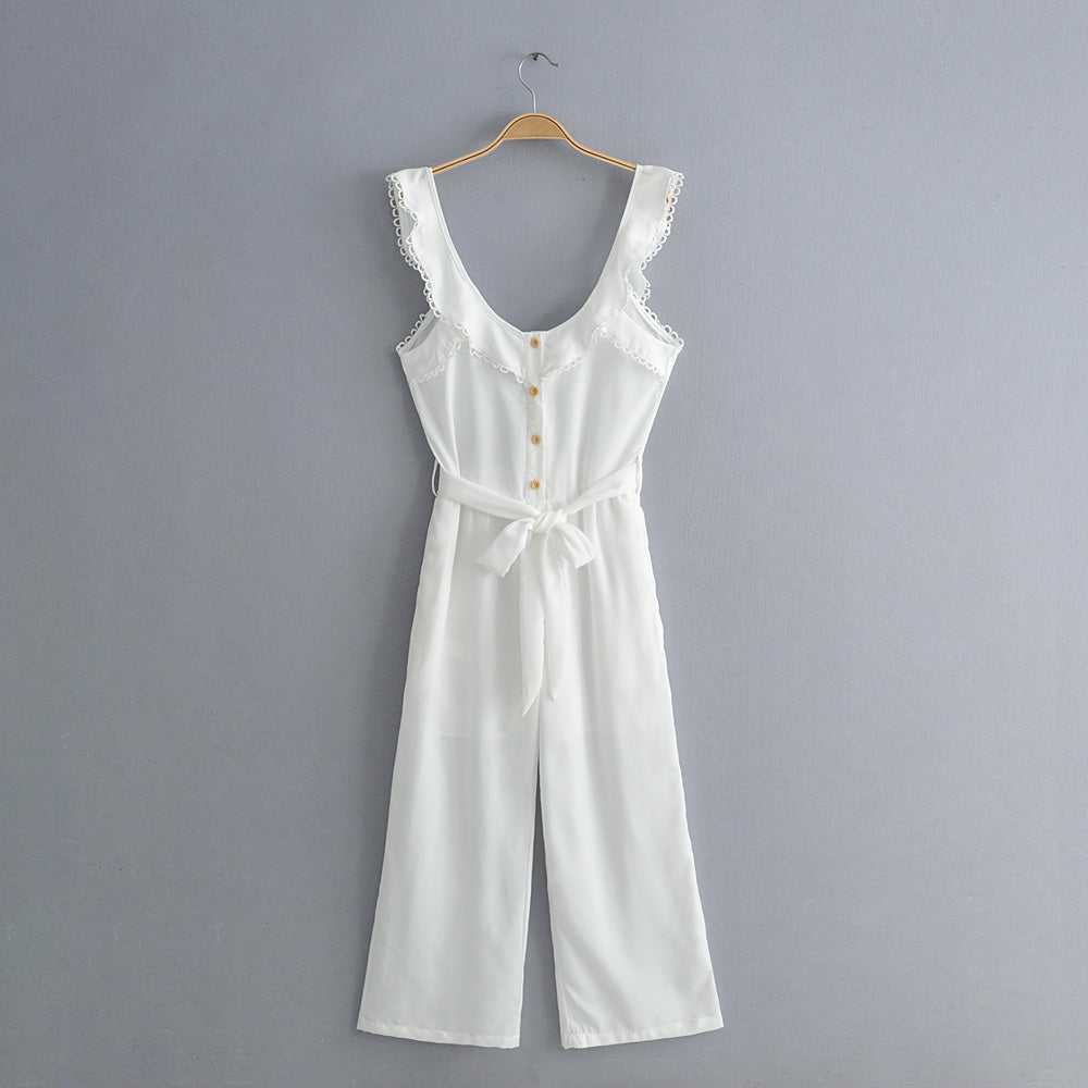 Spring Summer V-neck Sleeveless Fitted Waist Ruffled Front Row Buttons Drawstring Casual Jumpsuit