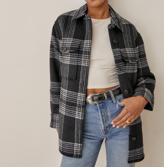 Women Clothing Autumn Loose Lapels Plaid Woolen Shacket Retro