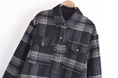 Women Clothing Autumn Loose Lapels Plaid Woolen Shacket Retro