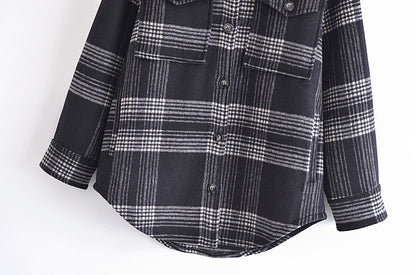 Women Clothing Autumn Loose Lapels Plaid Woolen Shacket Retro