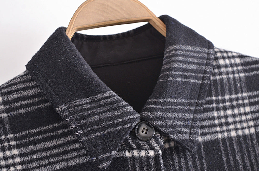 Women Clothing Autumn Loose Lapels Plaid Woolen Shacket Retro