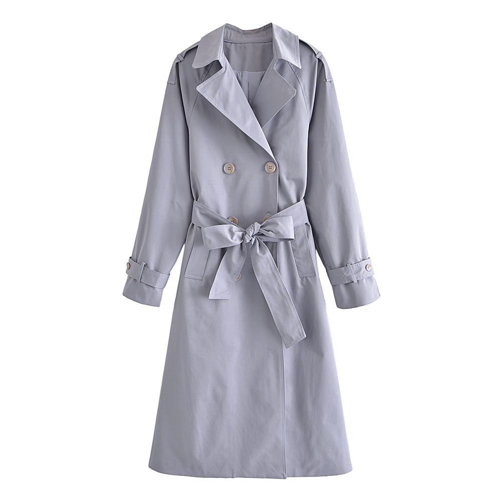 Fall Women Clothing Large Collared Classic Double Breasted Lace-up Waist-Controlled Slimming Mid-Length Trench Coat