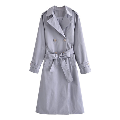 Fall Women Clothing Large Collared Classic Double Breasted Lace-up Waist-Controlled Slimming Mid-Length Trench Coat