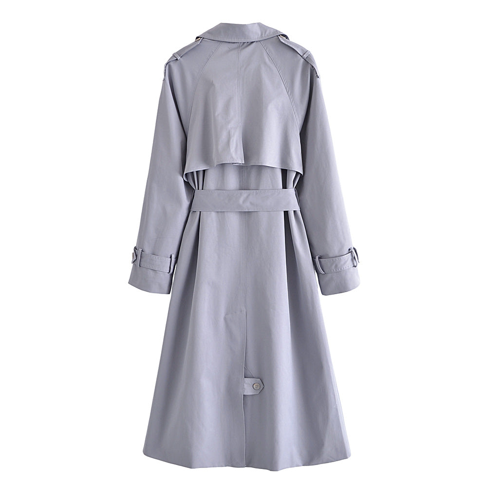 Fall Women Clothing Large Collared Classic Double Breasted Lace-up Waist-Controlled Slimming Mid-Length Trench Coat