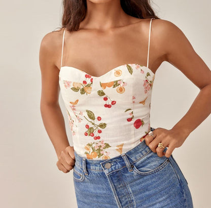 Autumn Pullover Tube Top Elastic Fold Floral Printed Backless Strap Top