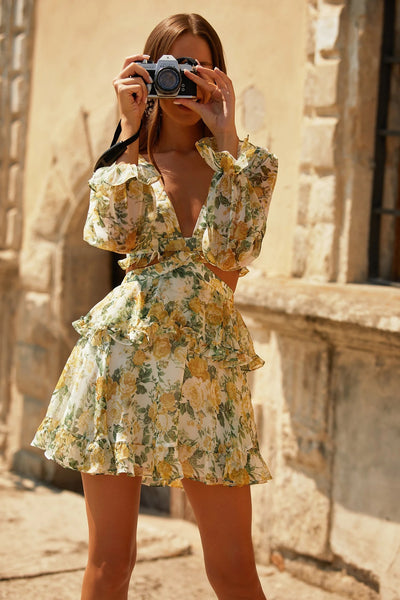 Spring Women New Chiffon Printed Two-Piece Suit Dress Tiered Dress