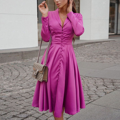 Women Clothing Autumn New Waist-Tight Elegant Big Hem Black Median to Maxi Dress