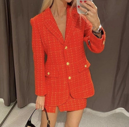 Autumn Women Clothing Orange Printed Lining Coat Blazer Blazer