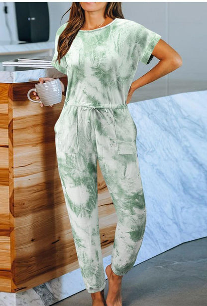 Tie-Dyed One-Piece Pajamas Women Summer Loose Short Sleeve round Neck Ladies Homewear