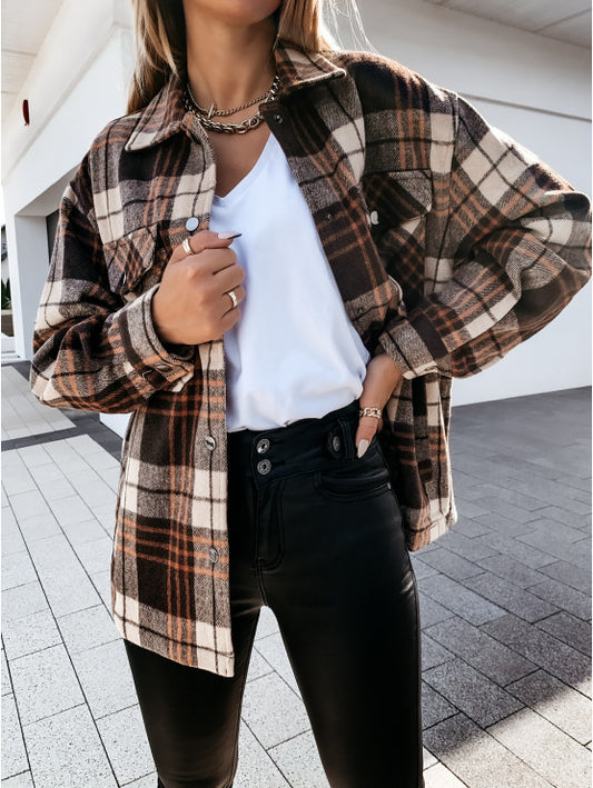 Large Pocket Woolen Digital Printing Plaid Shacket Coat