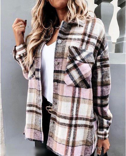 Autumn Long Sleeve Large Pocket Loose Women  Plaid Shacket Mid Length Coat