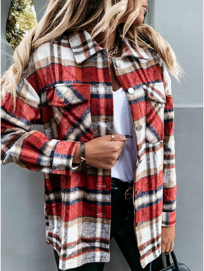 Autumn Long Sleeve Large Pocket Loose Women  Plaid Shacket Mid Length Coat