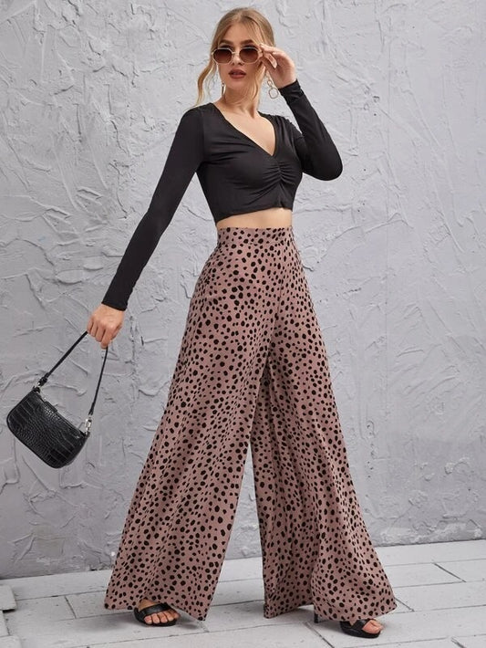 New Spring Summer Loose High Waist Leopard-Print Draping Wide-Leg Trousers Swing Pants