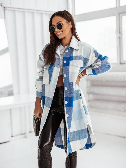 Autumn Winter Long Sleeve Color Plaid Brushed Woolen Long Coat for Women