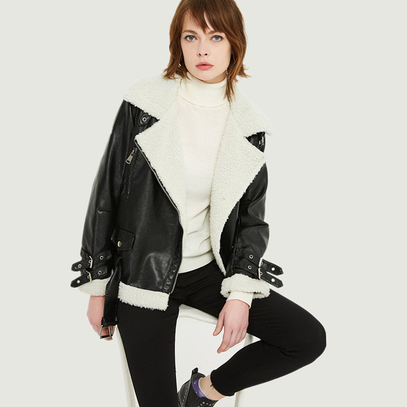 Winter Clothes Women Leather Jacket Lamb Wool BF Korean Thick Motorcycle Jacket Leather Coat