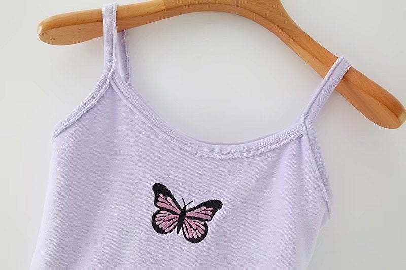 Summer New Butterfly Embroidered Velvet Short Top