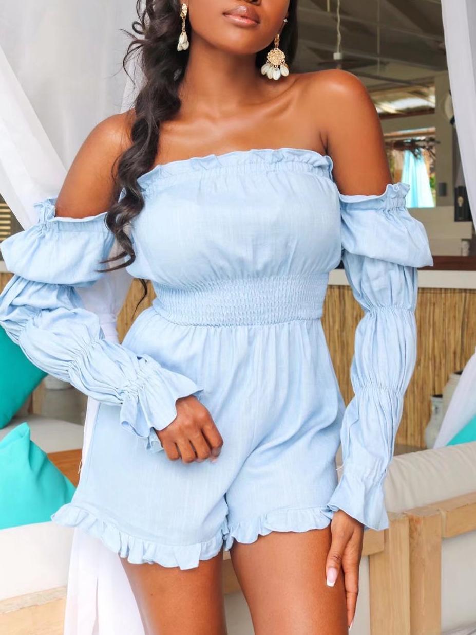 Sexy off-the-Shoulder Lotus Rhizome Node Long Sleeve Fresh Sweet Women Clothing Spring Summer Wooden Ear Romper