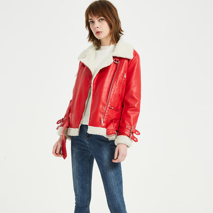 Winter Clothes Women Leather Jacket Lamb Wool BF Korean Thick Motorcycle Jacket Leather Coat