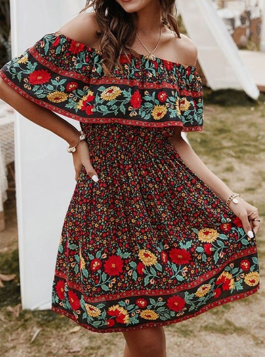 Summer  Women off-Shoulder Retro Printed Dress