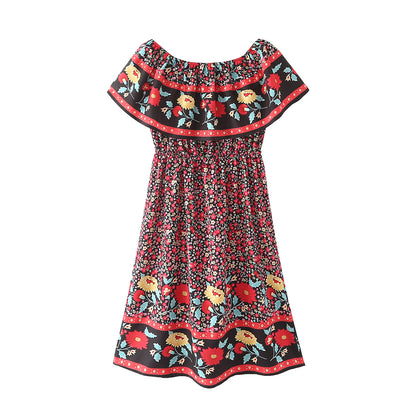 Summer  Women off-Shoulder Retro Printed Dress