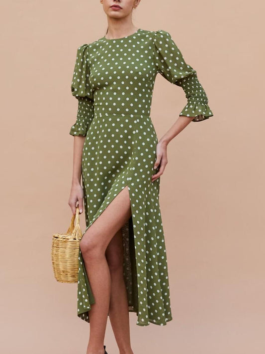 Summer  Women Clothing Dots Printed Slim Fit Slit Elastic Bell Sleeve Dress