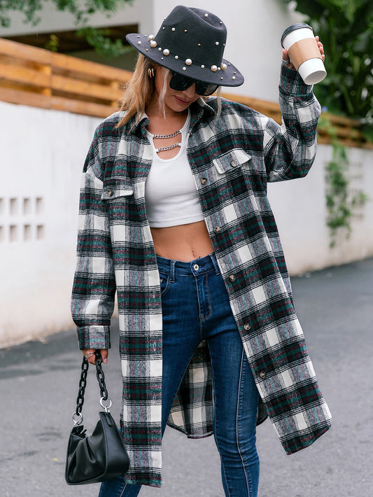 Autumn Winter Woolen Plaid Coat Collared Loose-Fitting Women Brushed Plaid Large Coat