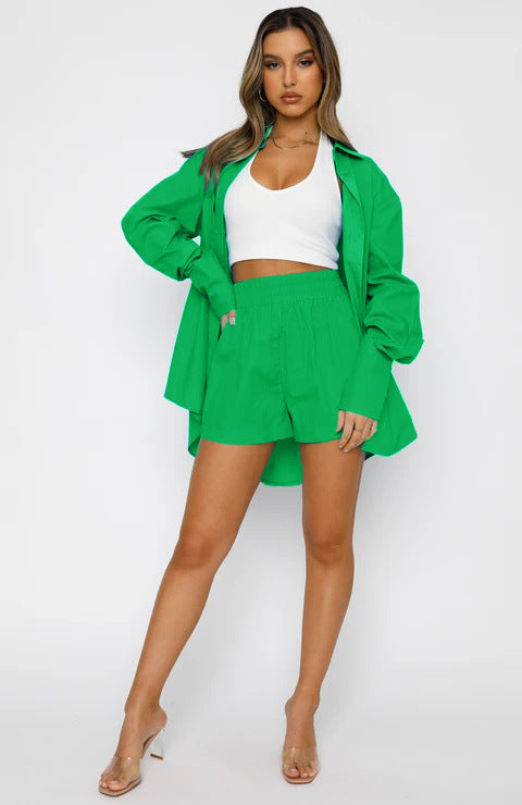 Women Clothing Summer Solid Color Casual Loose Collared Long Sleeves Shirt High Waist Shorts Two-Piece Set