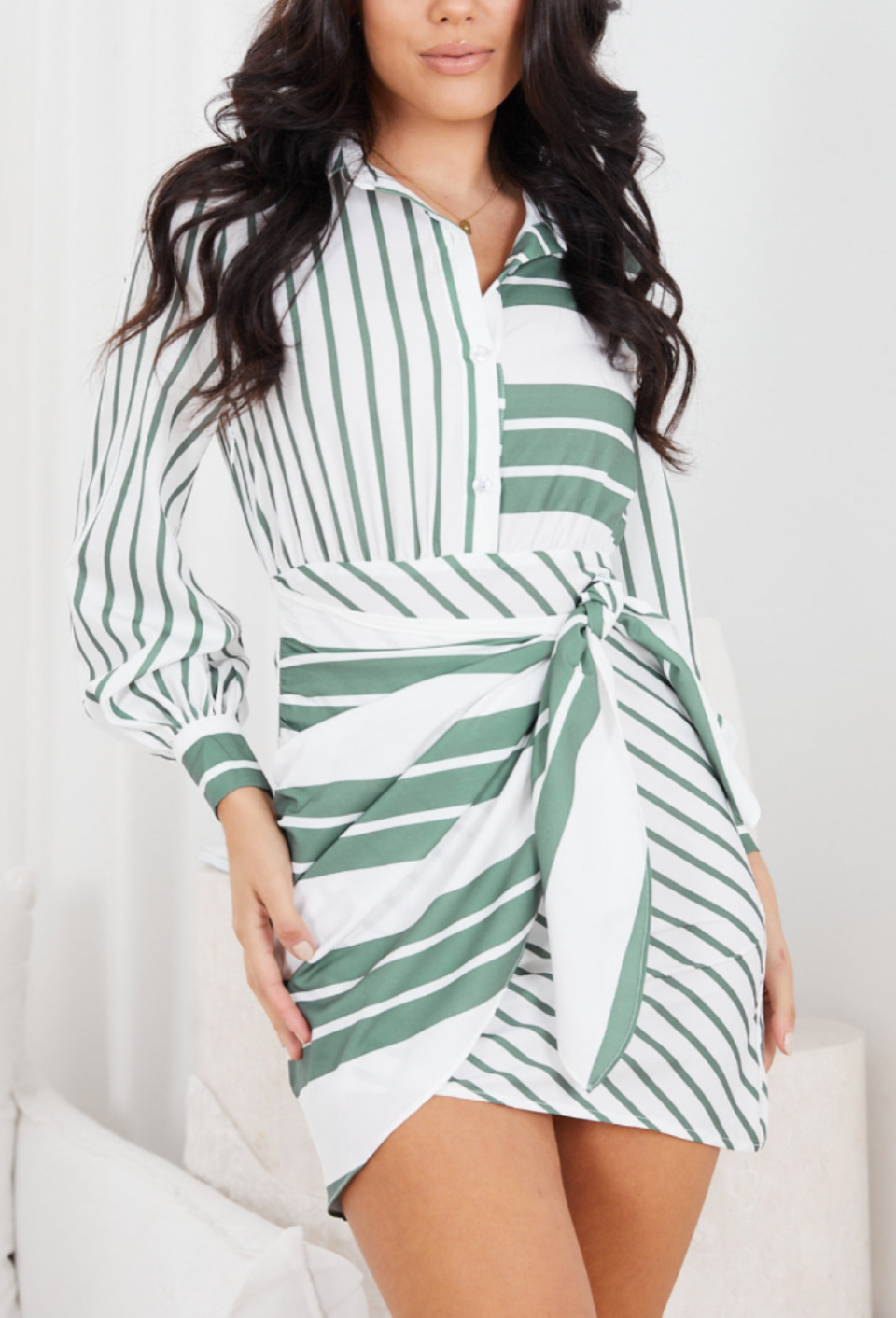 Summer Women Polo Collar Stripes Stitching Side Knotted Long Sleeve Dress