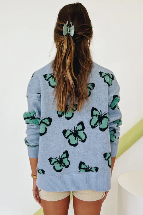 Winter Printed Butterfly round Neck Women Clothing Loose plus Size Knitwear Pullover Women Sweater Boucle