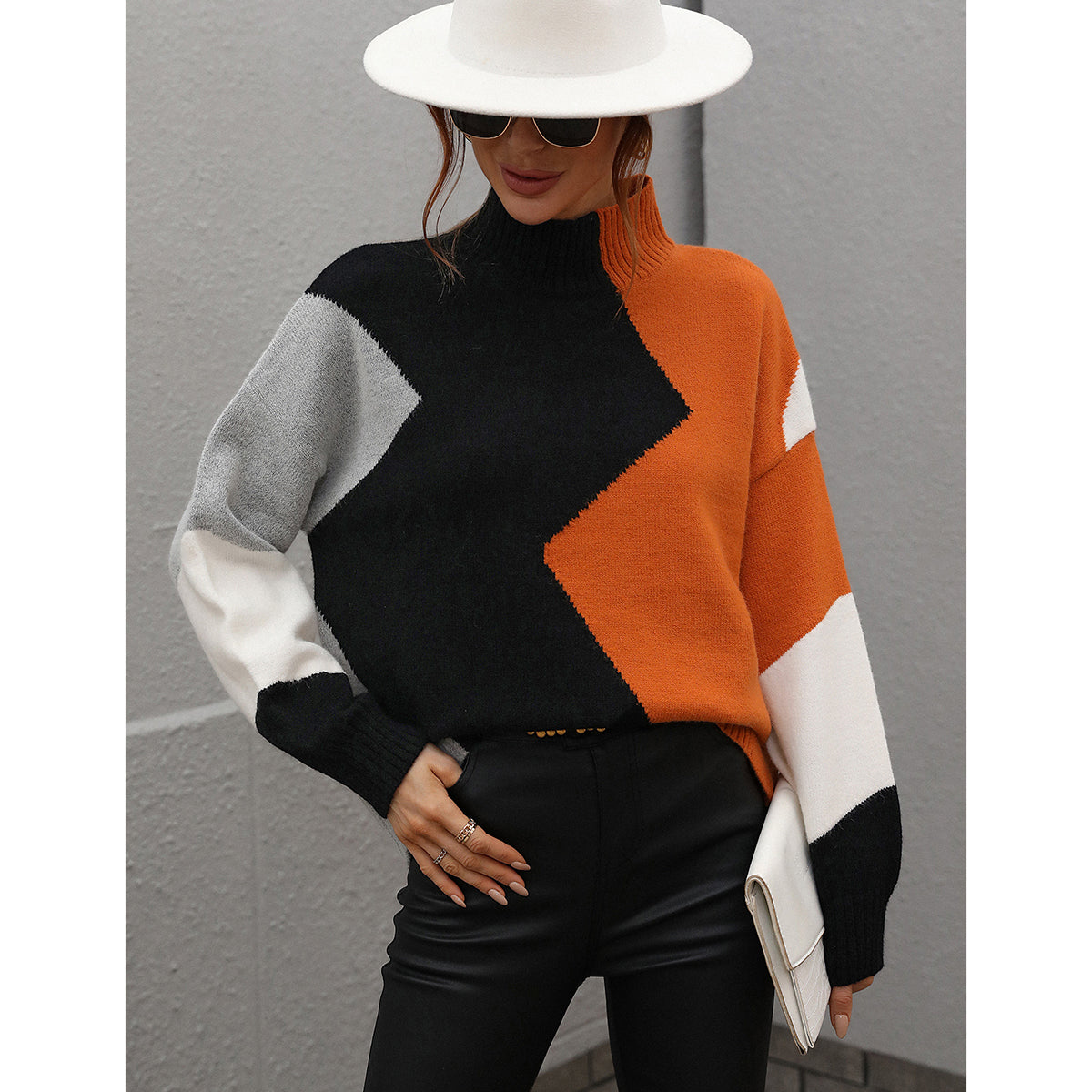 Autumn Winter Loose Color-Block Crew Neck Knitwear Women Pullover Sweater Women