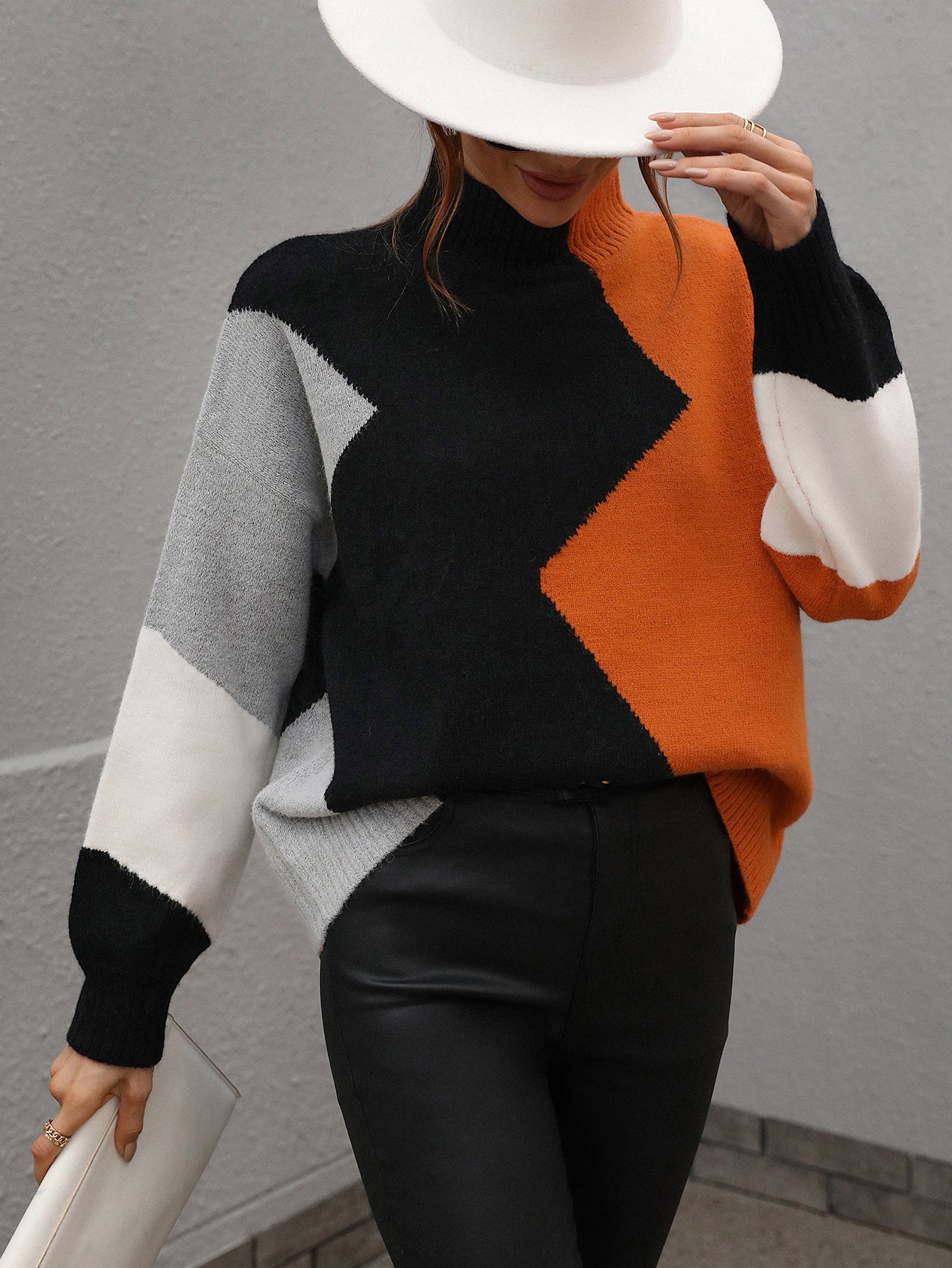 Autumn Winter Loose Color-Block Crew Neck Knitwear Women Pullover Sweater Women