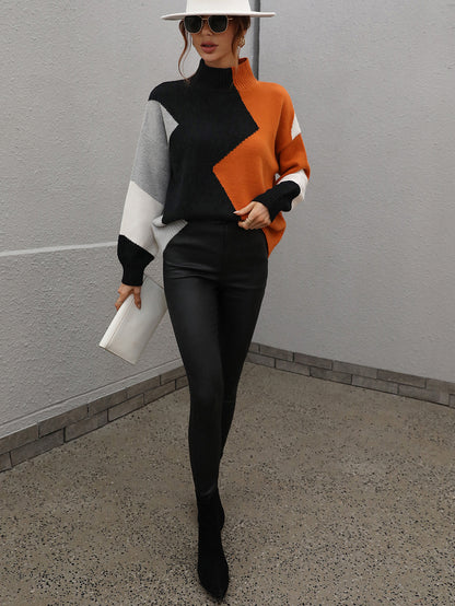 Autumn Winter Loose Color-Block Crew Neck Knitwear Women Pullover Sweater Women